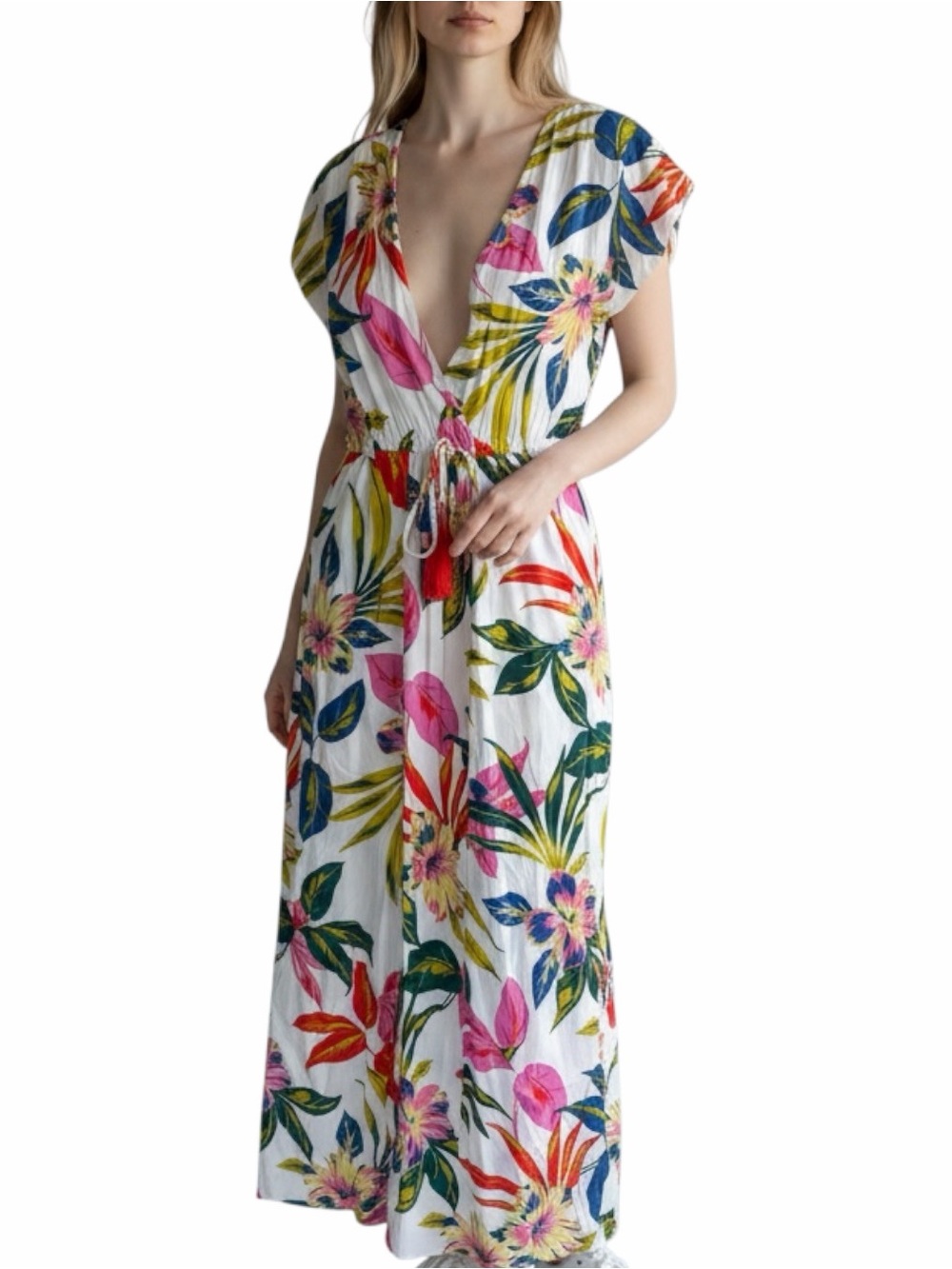 Blue Island Women’s Floral Beach Cover Up Dress XS White Multicolor Rayon V Neck